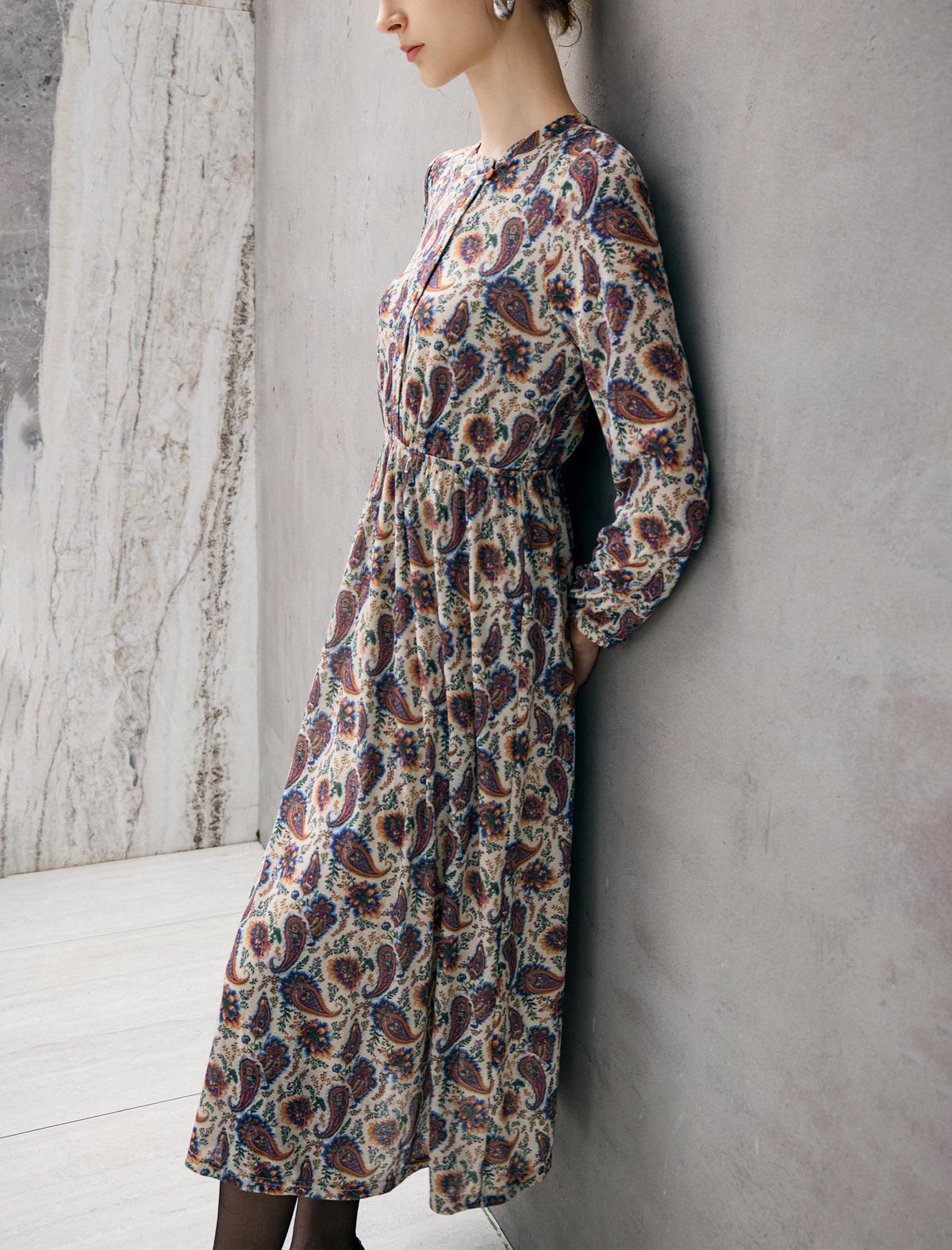 Paisley Print Stand-Collar Ruched-Waist Long Sleeve Midi Dress