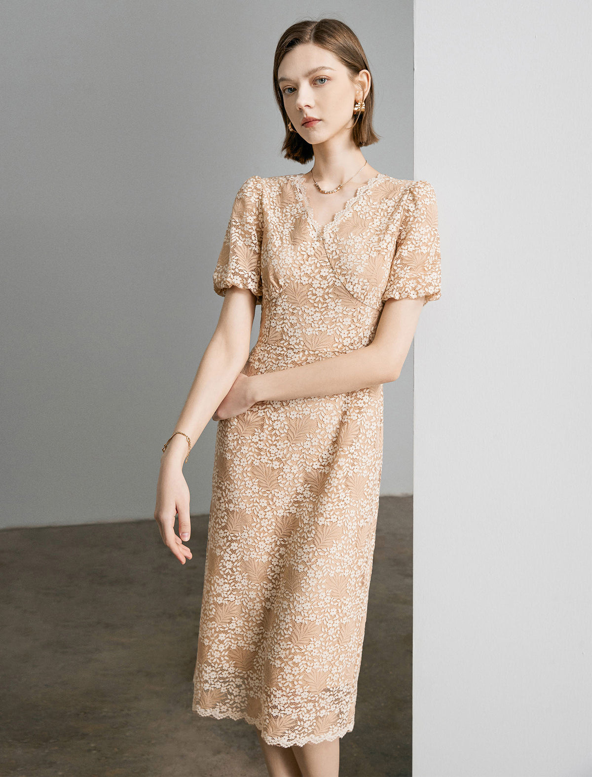 Apricot Lace V-Neck Midi Dress
