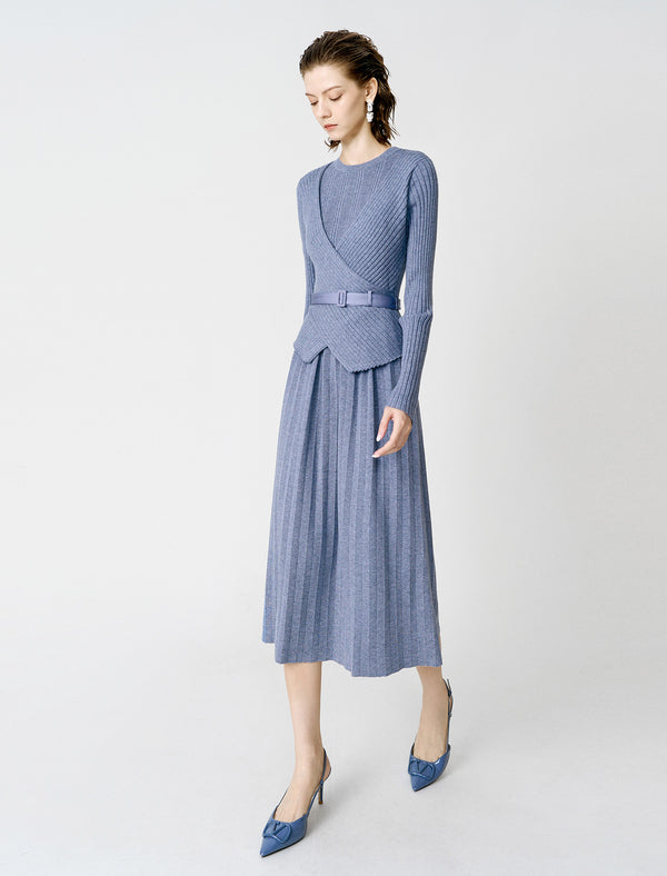 Wool Blend Wrap-Front Pleated Knit Midi Dress