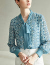 Teal Geometric Tie-Neck Blouse