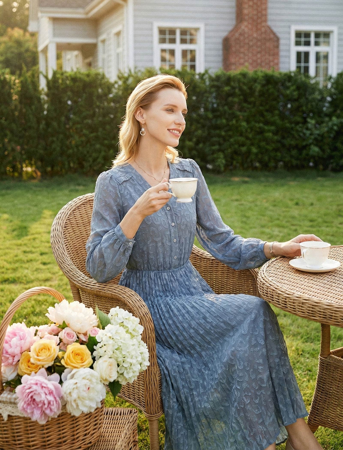 Mist Blue Embossed Leopard Shadow Pleated Dress