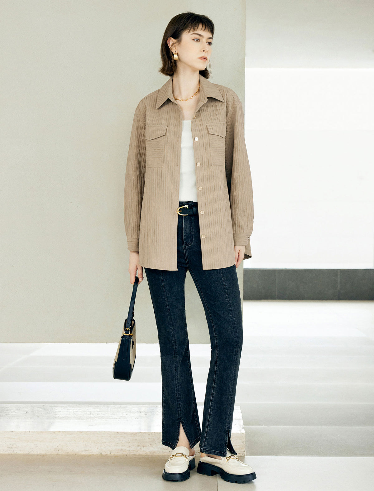 Vertical Textured Dual Chest Pocket Oversized Button Down Shirt