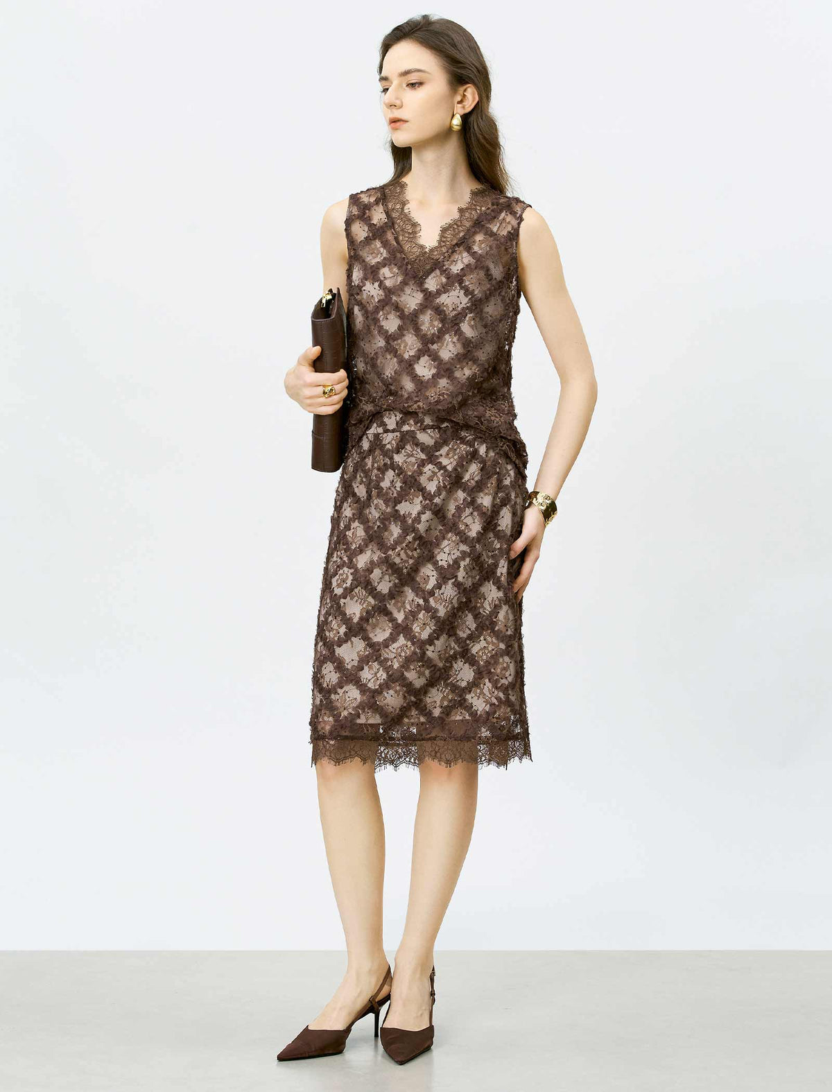 Brown Lace Embroidered Sleeveless Top