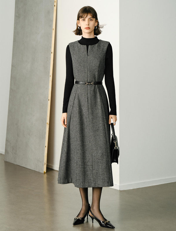 Wool Plaid Round Neck Sleeveless Vintage Midi Dress