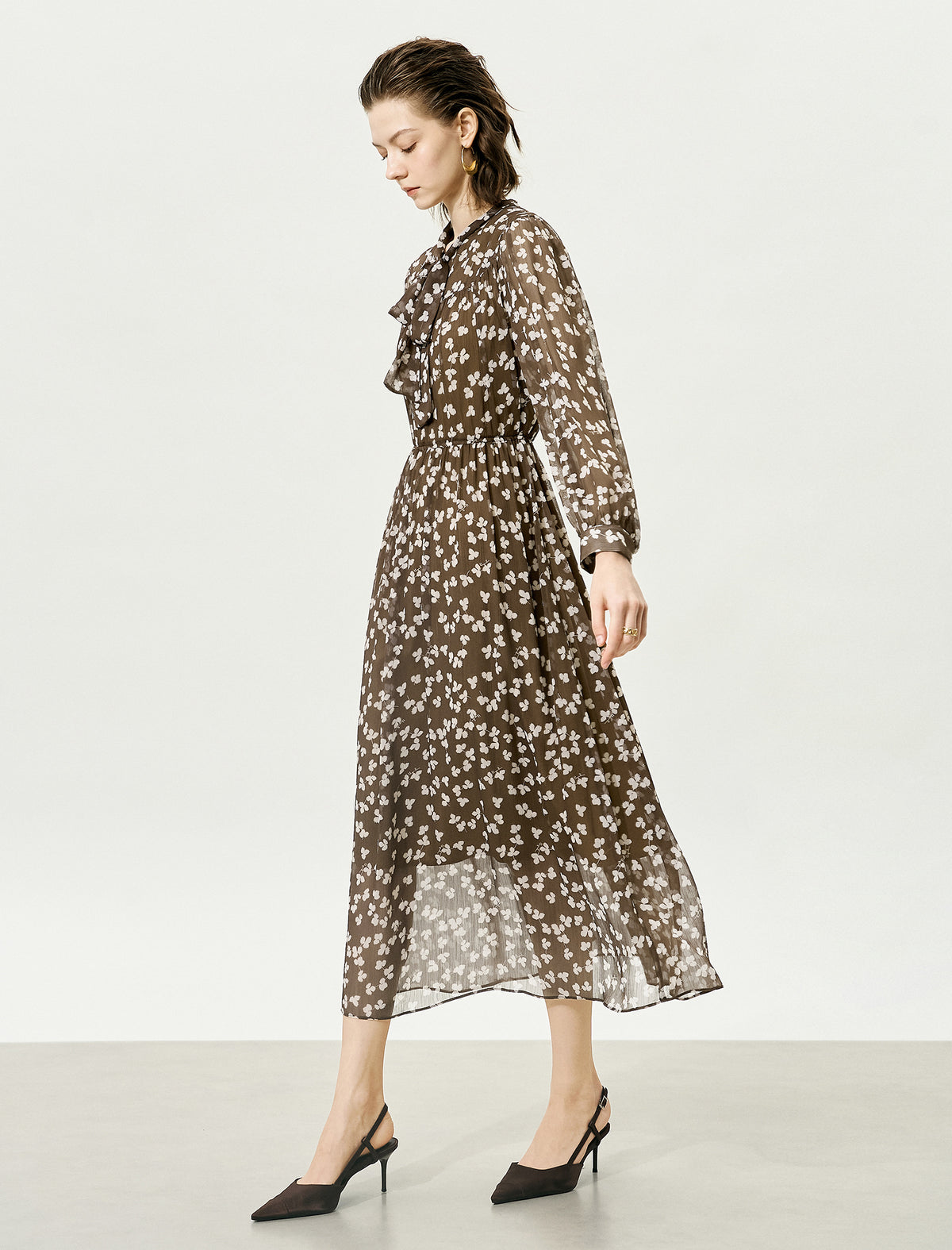 Grey Sheer Tie-Neck Floral Midi Dress