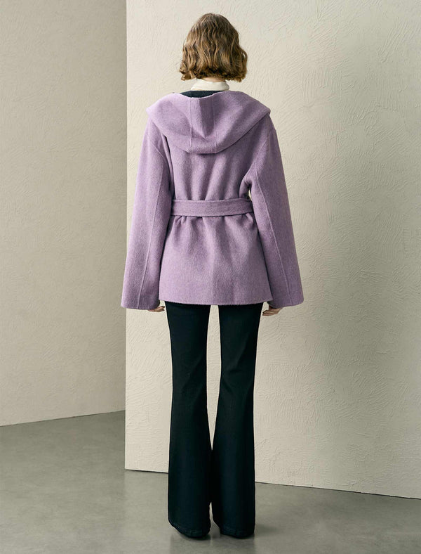 Lilac Wool-Blend Self-Tie Hooded Coat