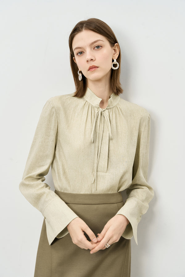 Linen Blend Tie-Neck Blouse