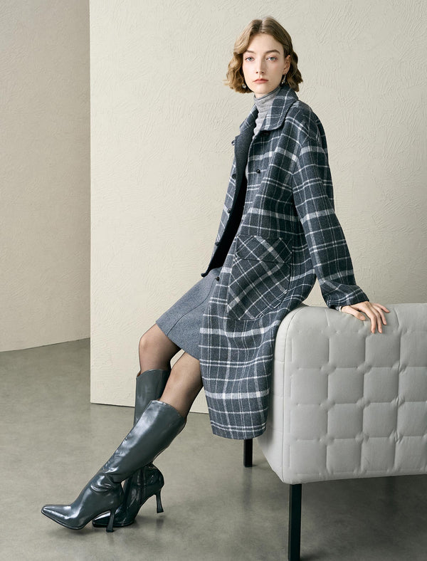 Plaid Wool-Blend Pocket Detail Coat