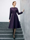 Diagonal-Button Crewneck Long Sleeve A-Line Midi Dress