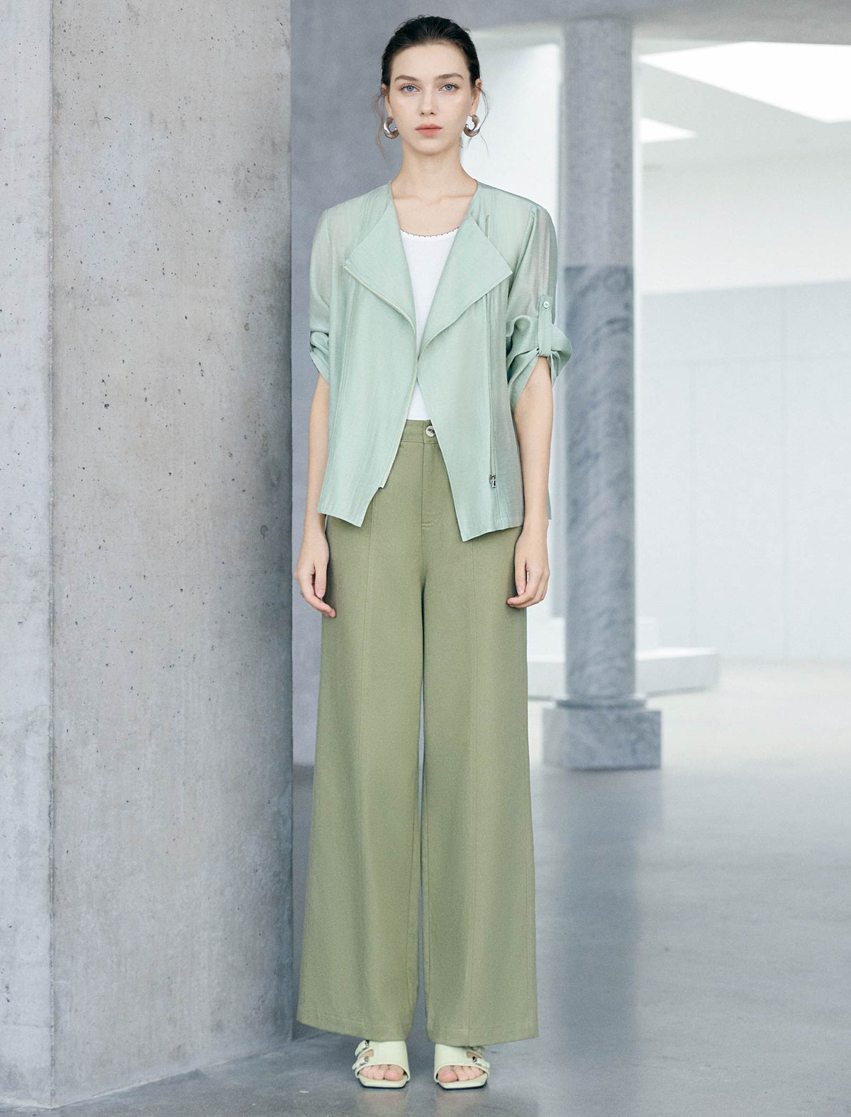 Sage Green Seam Detail High Waist Wide Leg Pants