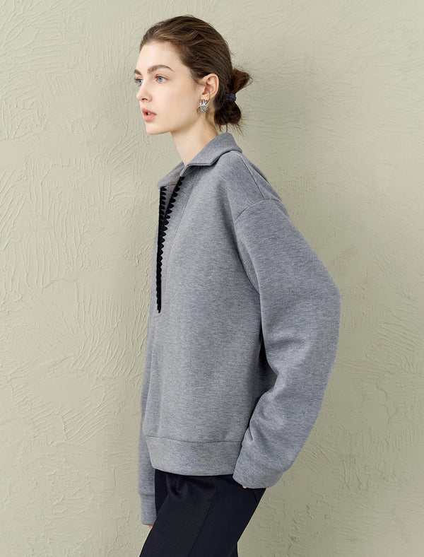 Polo-Collar Contrast Trim Sweatshirt