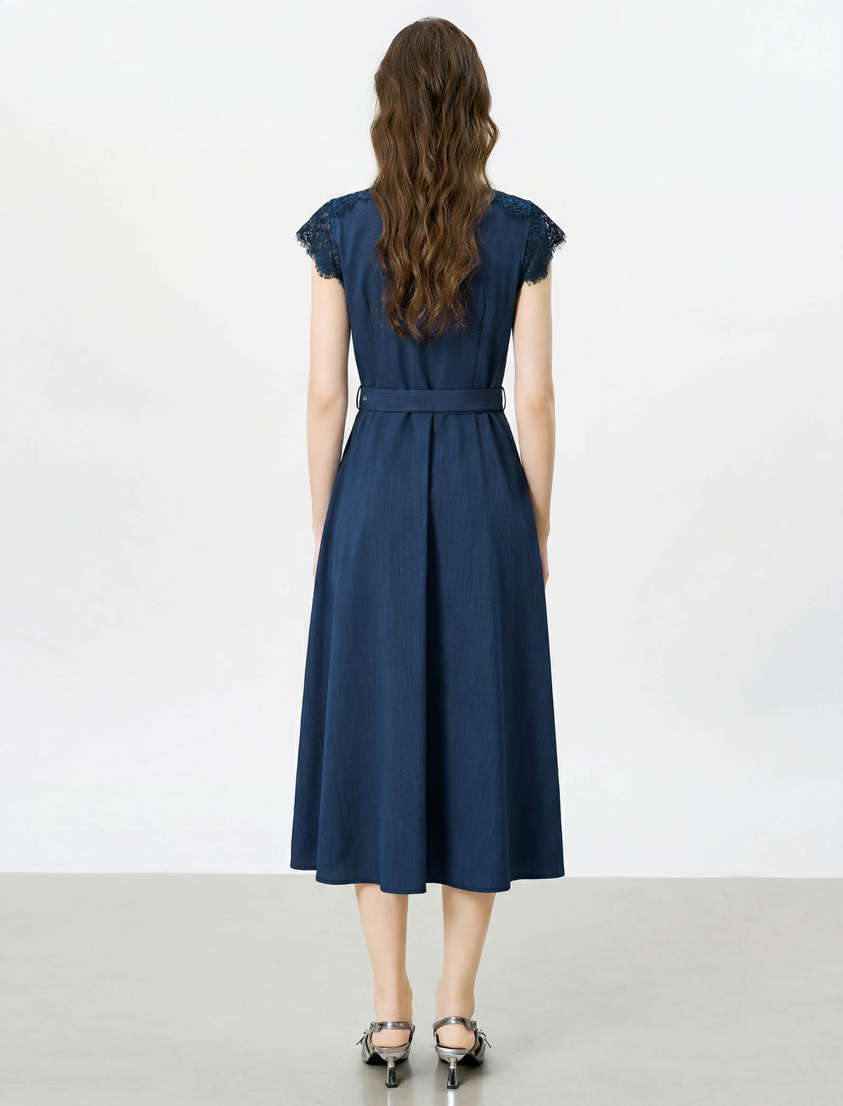 Dark Blue Lace Cap Sleeve Belted Midi Dress