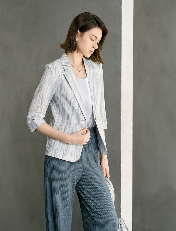 Linen Blend Three-Quarter Sleeve Striped Lapel Blazer