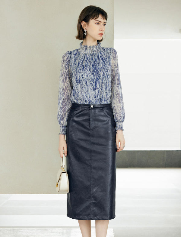 Printed Ruffled Stand Collar Long-Sleeve Blouse