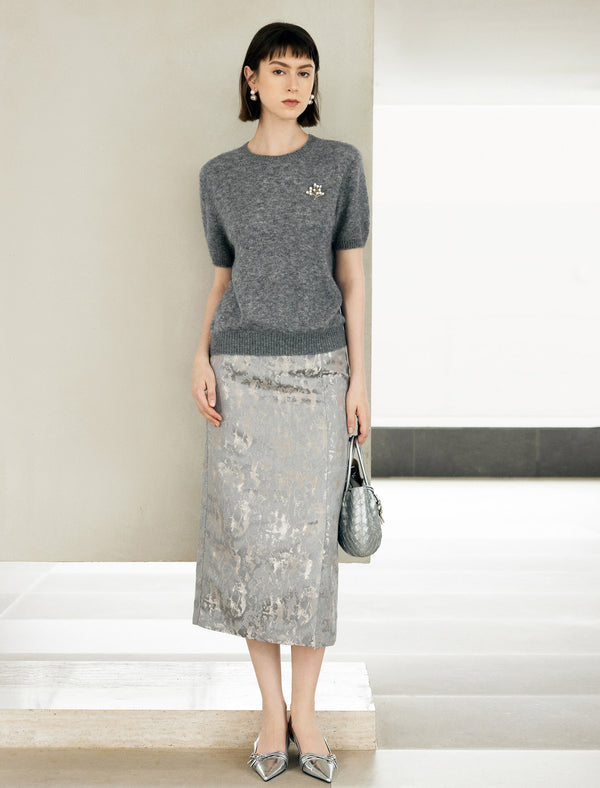 Front Slit Brocade Midi Skirt