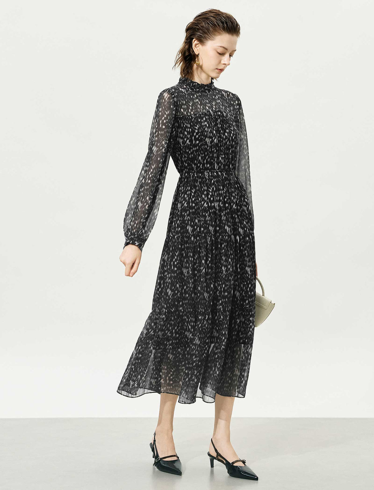 Black Speckled Print Ruffle Neck Long Sleeve Tiered Midi Dress