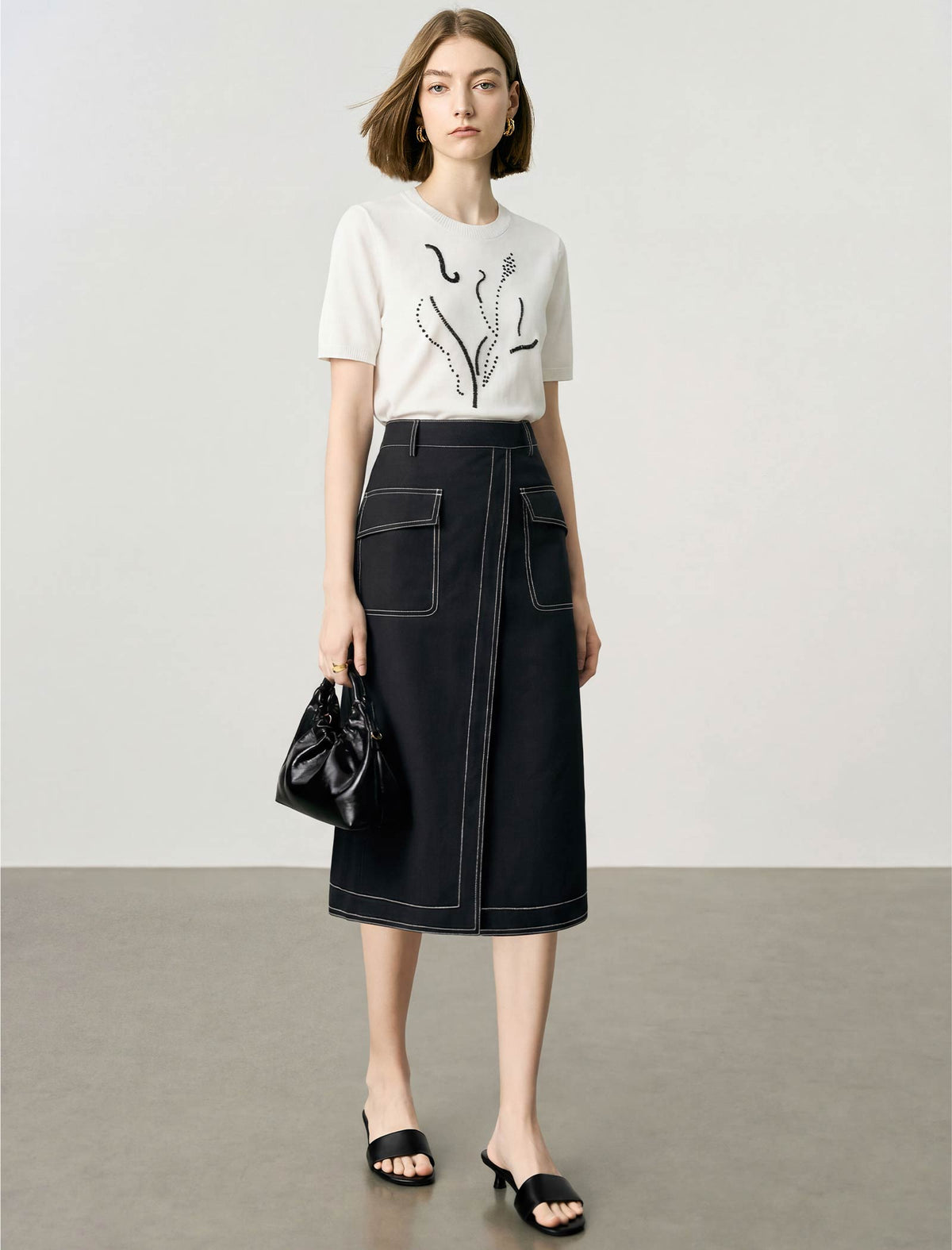 Black Contrast Stitch Midi Wrap Skirt