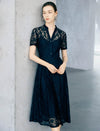 Navy Stand Collar Button Front Lace Midi Dress