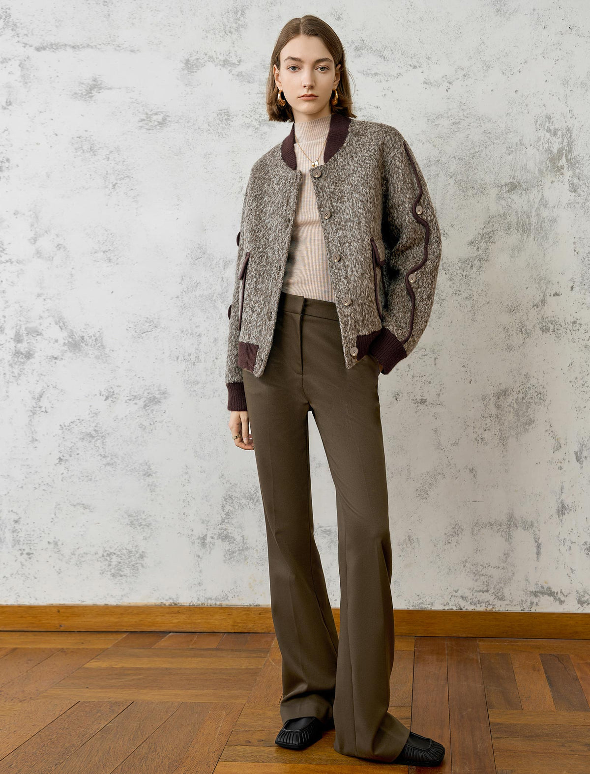 Wool-Blend Fuzzy Textured Bomber Jacket