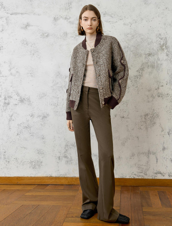Wool-Blend Fuzzy Textured Bomber Jacket