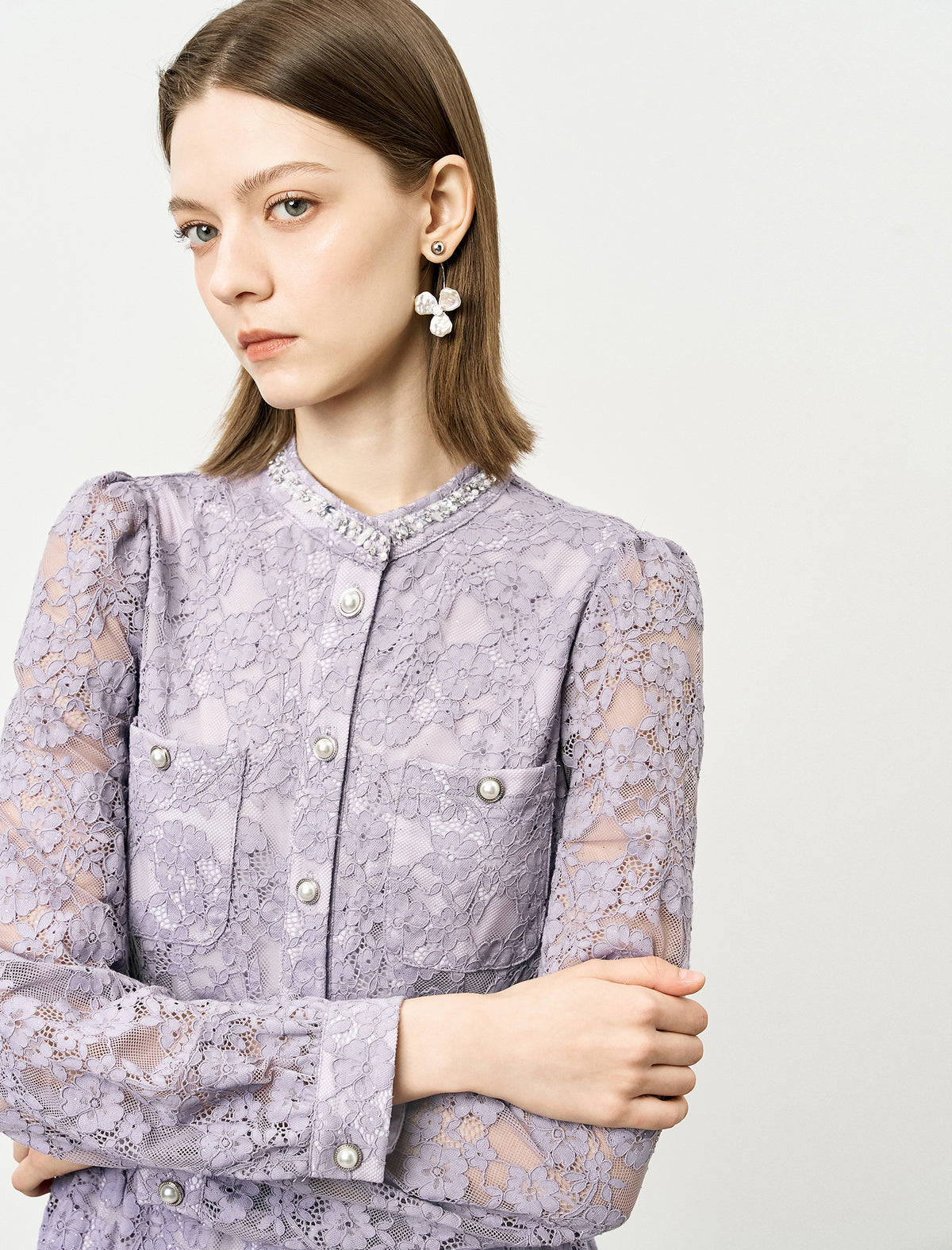 Lace Embellished neckline Pocket Detail Midi Dress