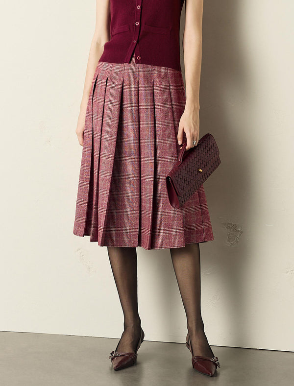 Red Plaid Pleated A-Line Midi Skirt