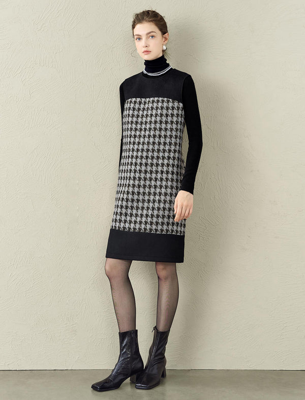 Houndstooth Wool-Blend Sleeveless Shift Dress