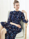 Navy Blue Floral Ruffled Neck Midi Dress