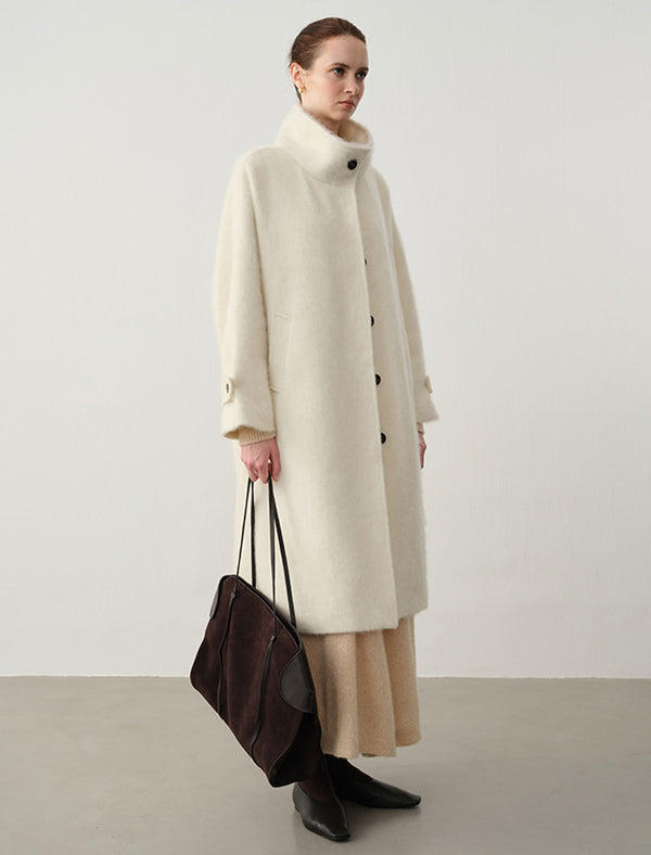 Wool-Cashmere Silk Blend Stand Collar Fuzzy Long Coat