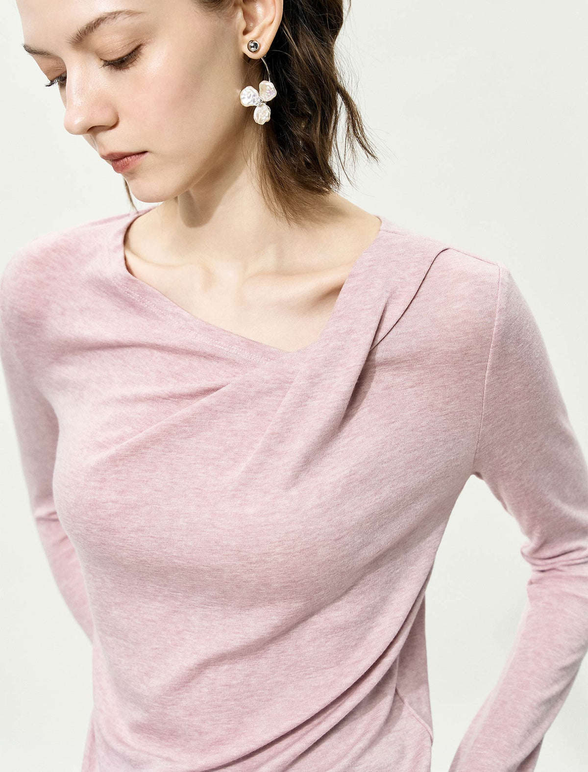 Asymmetric Neck Long-Sleeve Ruched Top