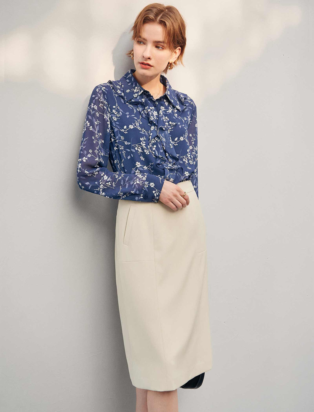 Navy Blue Floral Ruffle-Front Blouse