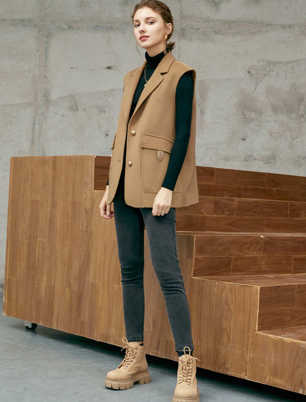 Camel Wool-Blend Lapel Vest