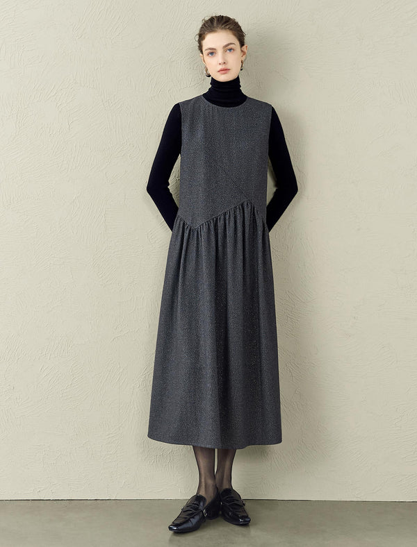 Asymmetrical Ruched Detail Wool-Blend Sleeveless Midi Dress