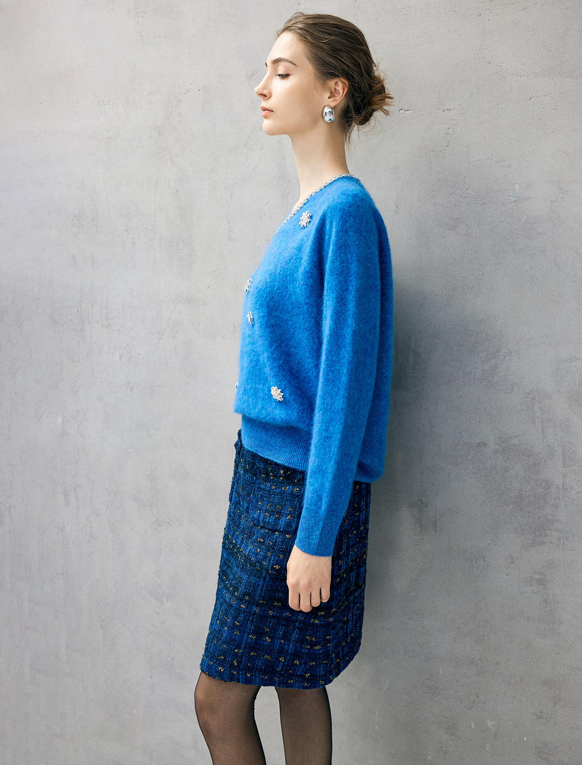 Wool and Mulberry Silk Blend Beaded V-Neck Sweater