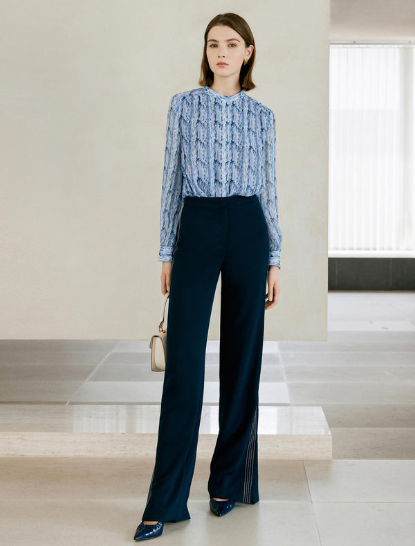 Blue Floral Stand Collar Chiffon Long-Sleeve Blouse