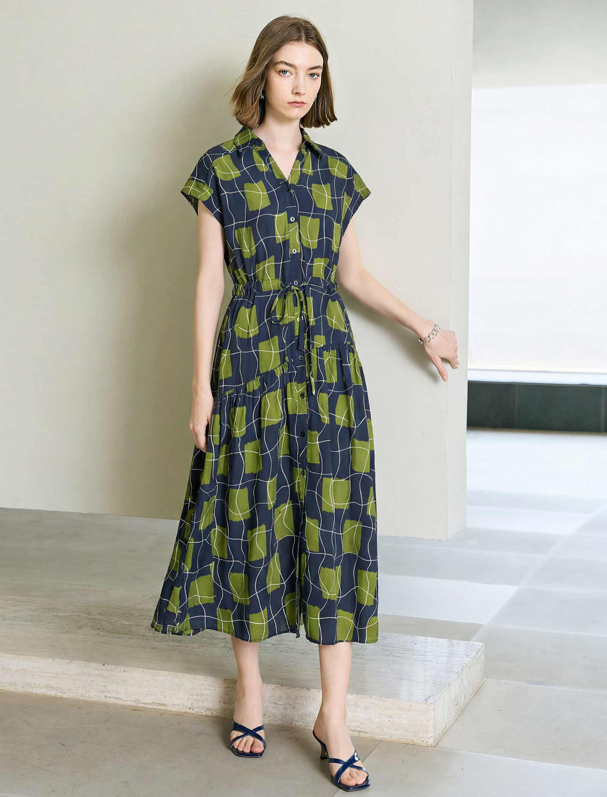 Olive Geometric Print Shirt Midi Dress