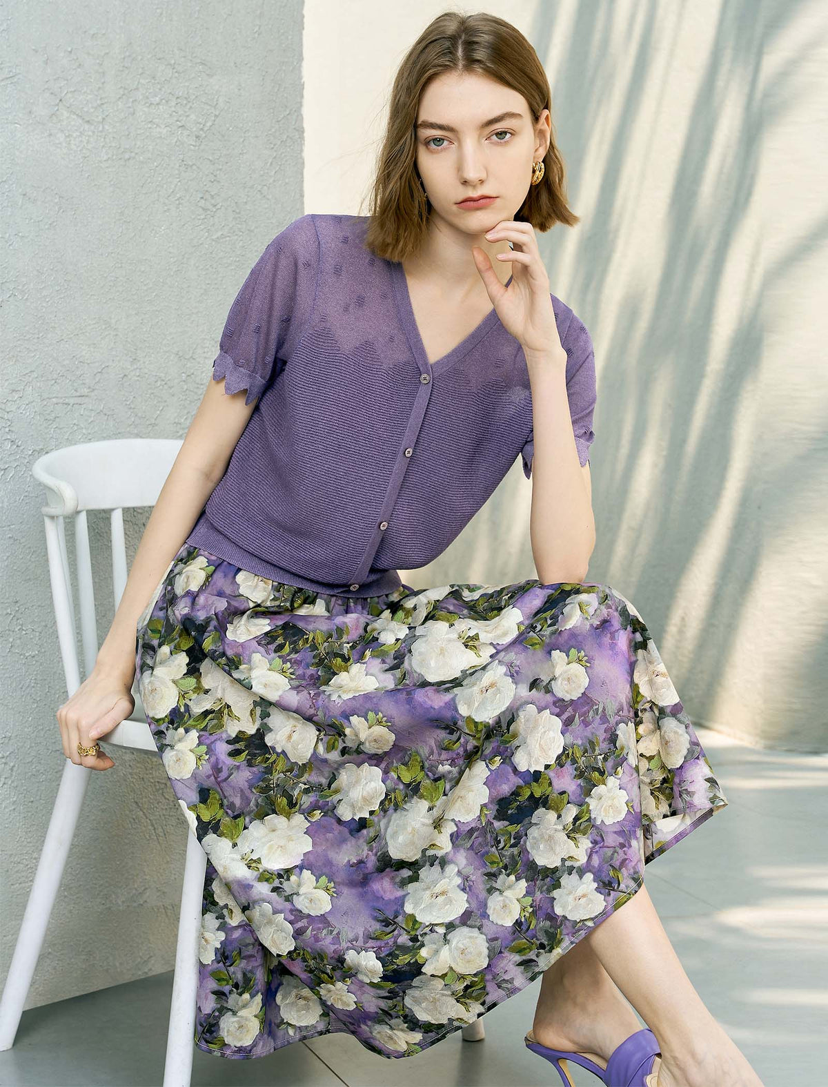 Lavender Scalloped Sleeve Knit Cardigan