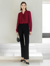 Wine-Red Bow Tie Professional Blouse