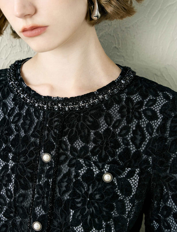 Black Lace Button Detail Midi Dress