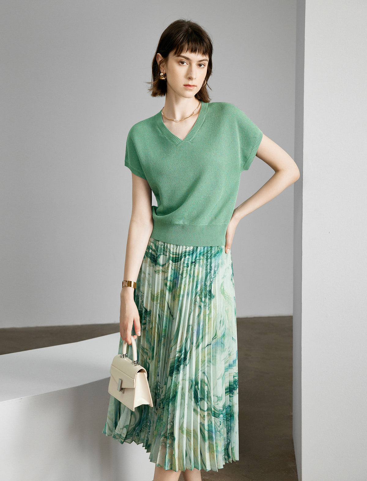 Marble Print Pleated Midi Skirt