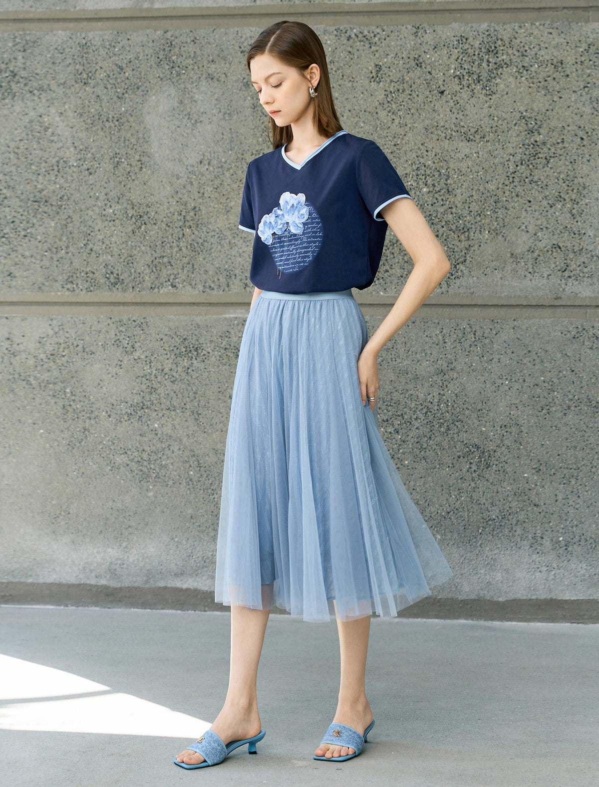 High-Waisted Shimmer Tulle Pleated Midi Skirt