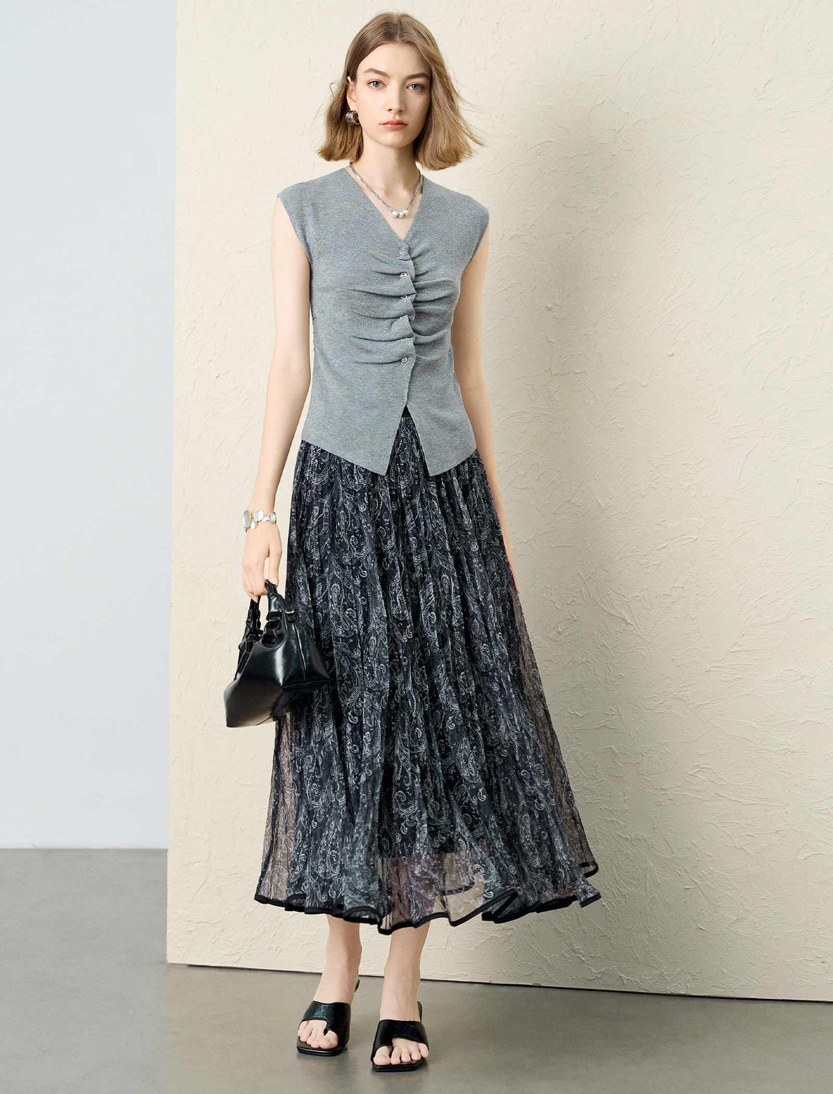 Ruched Knit Sleeveless V-Neck Top