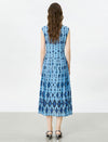 Blue Geo Diamond Print Sleeveless Pleated Midi Dress