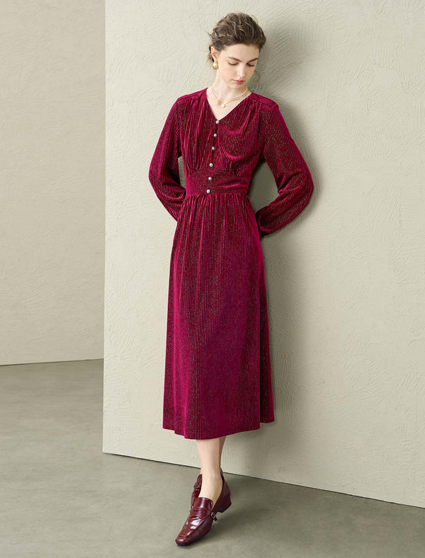 Velvet V-Neck Waist-Defining Elegant Midi Dress