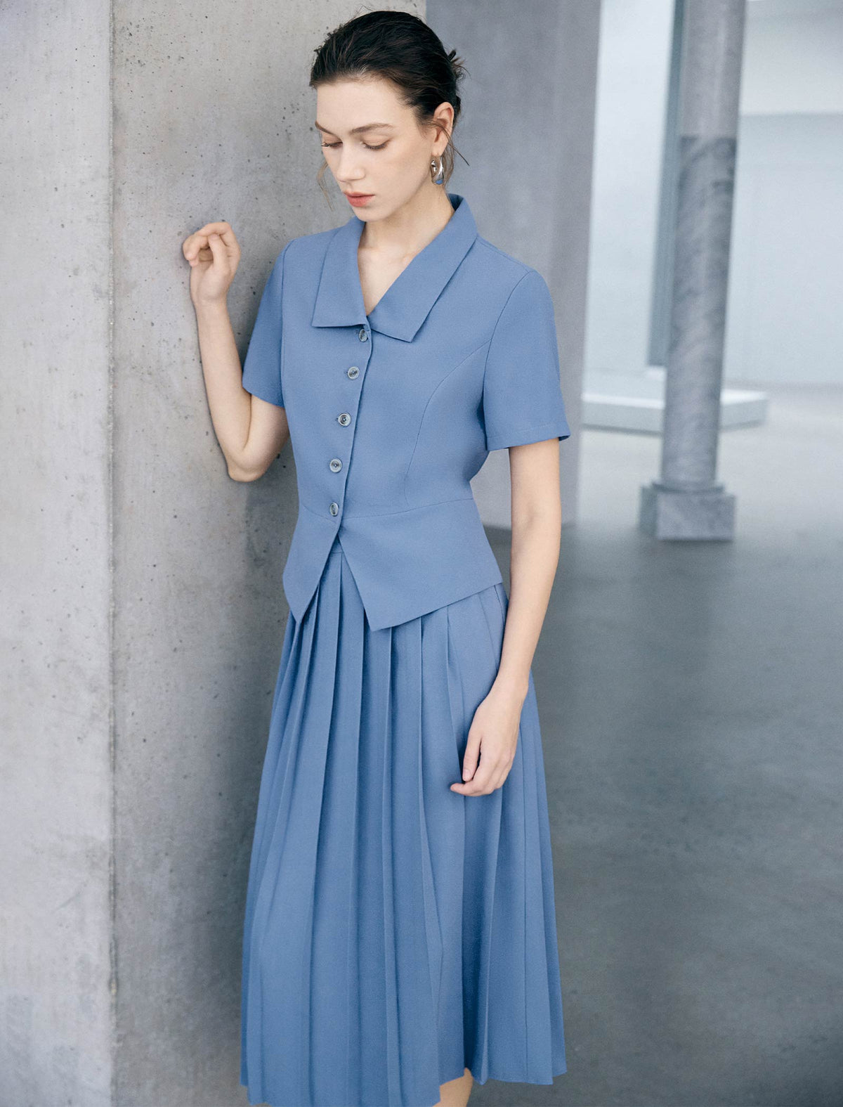 Dusty Blue Collared Button Down Peplum Short Sleeve Top