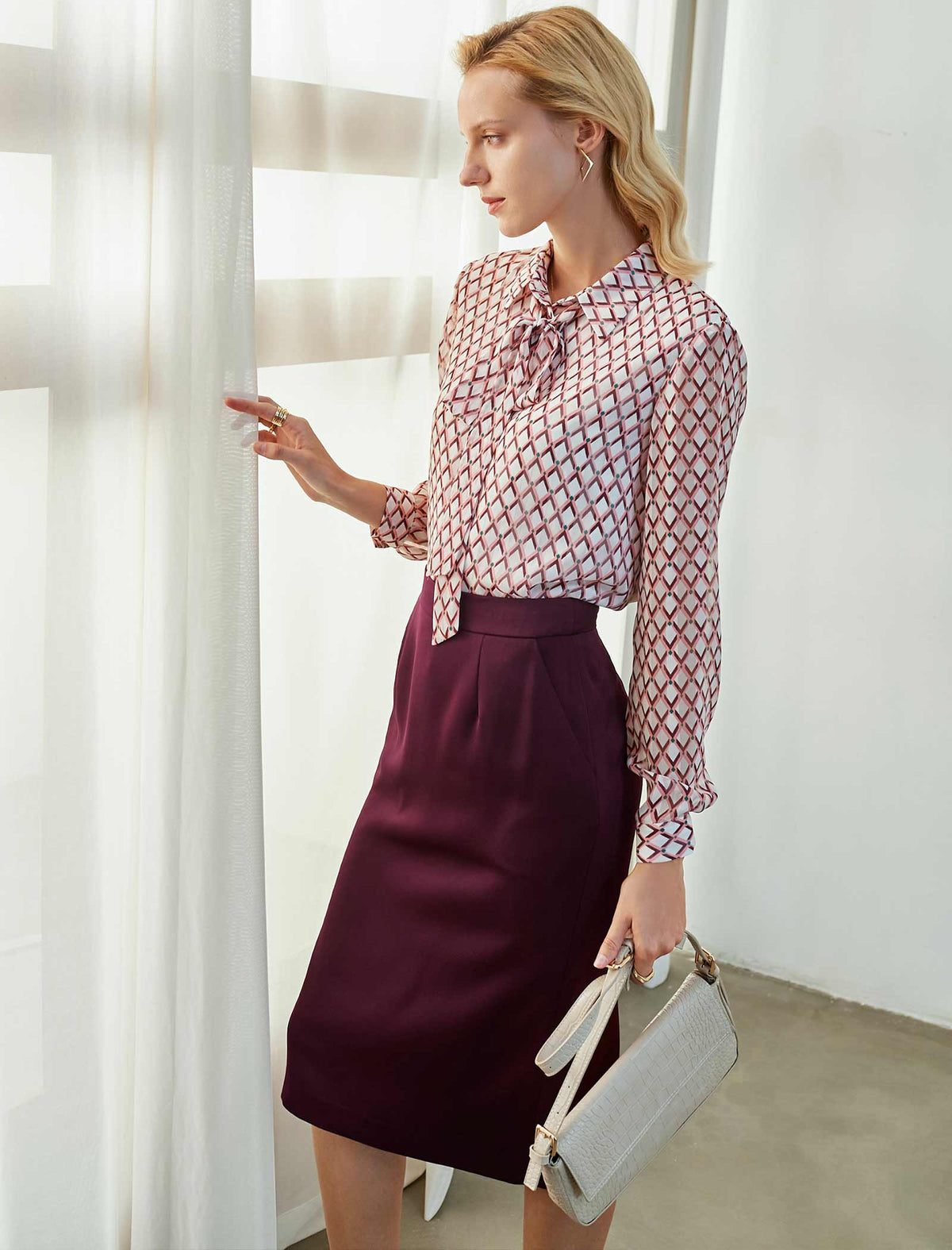 Geometric Tie-Neck Blouse