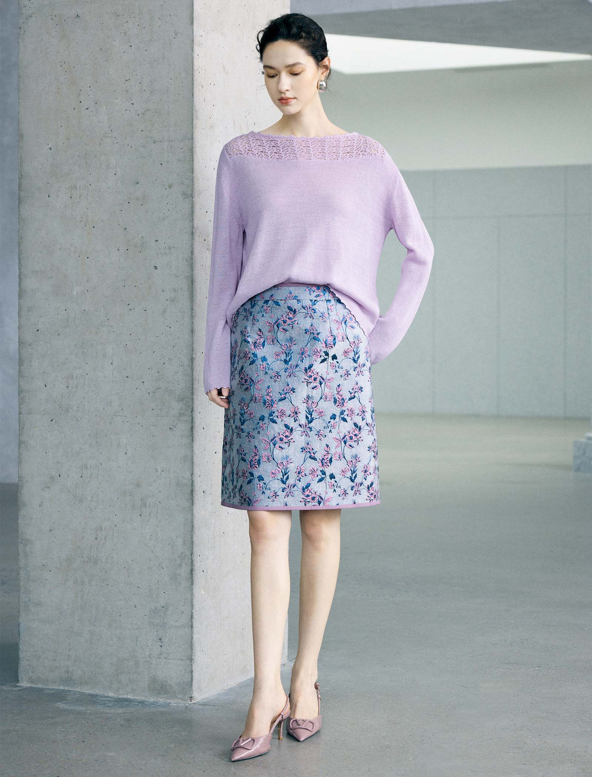 Wool Blend Pointelle Yoke Crew Neck Sweater