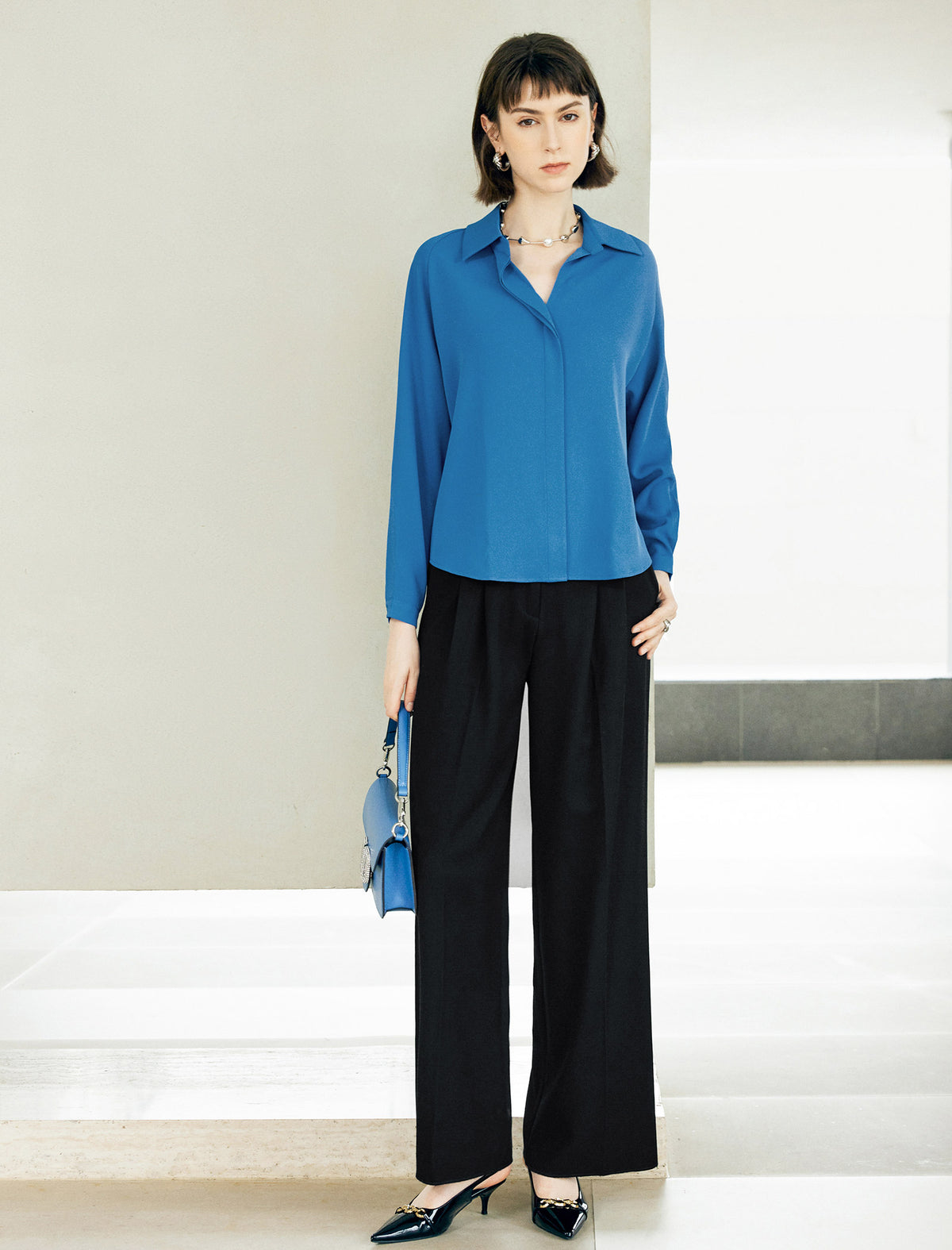Blue Loose Lapel Long-Sleeve Shirt