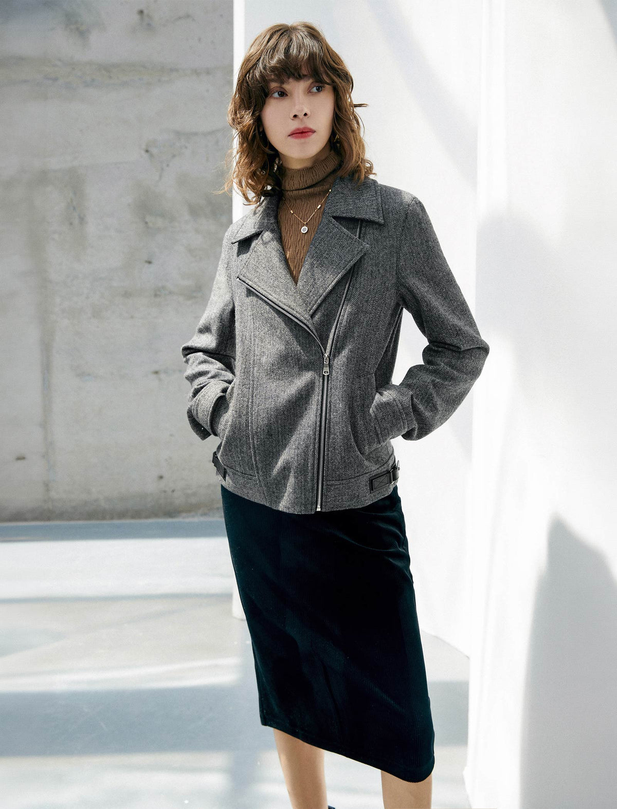 Wool Blend Zip-Front Cropped Jacket
