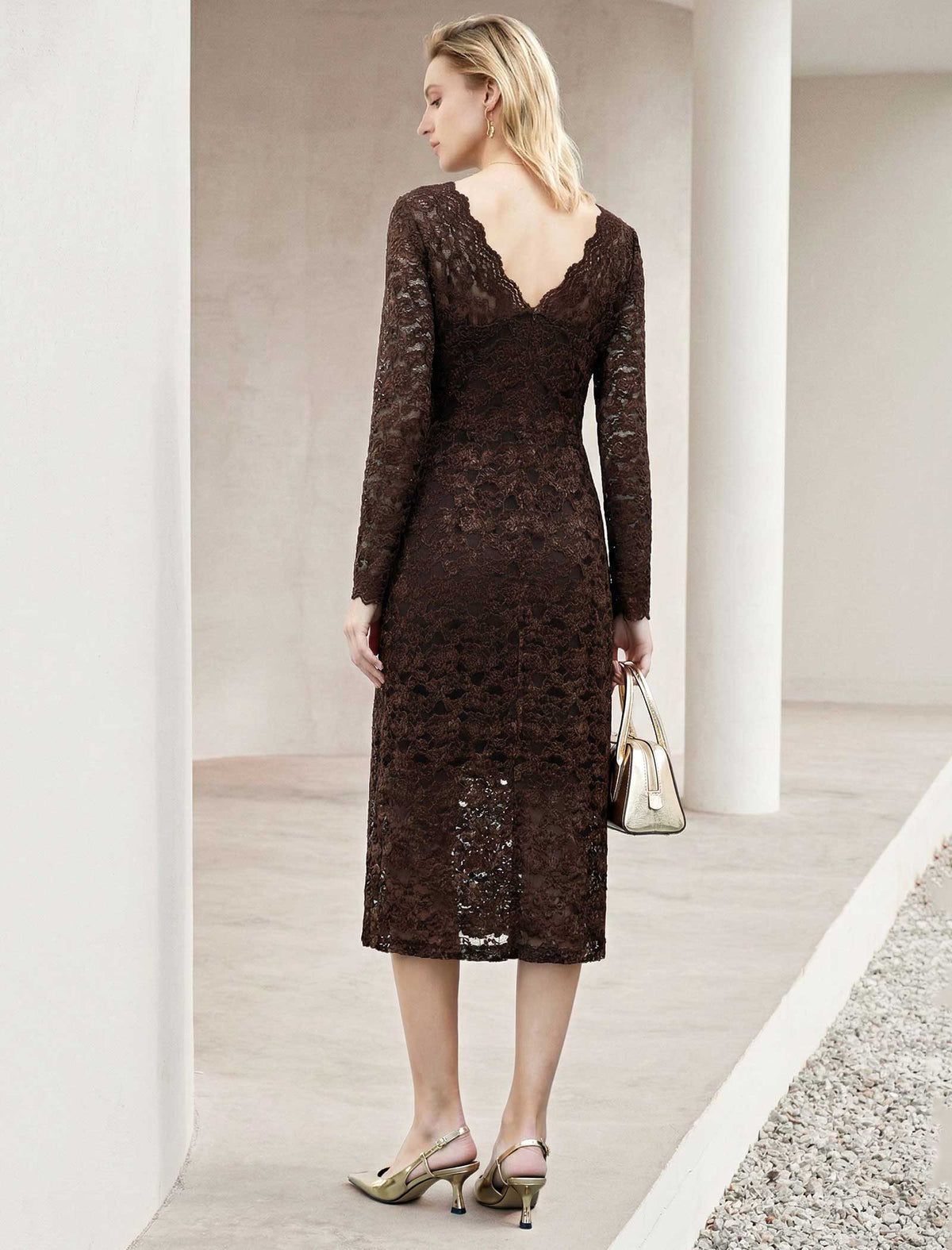 Brown Lace Long Sleeve Midi Dress